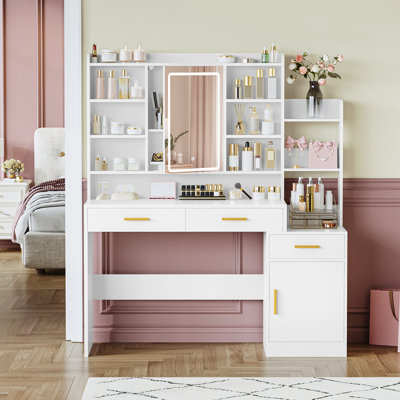 Dressing Table with Mirror, Vanity Desk with Adjustable LED Light, Large Desktop, 3 Drawers and 1 Storage Cabinet, Open Shelves, Vanity Table for Bedroom