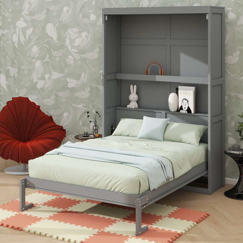 Practical Murphy Bed With Built-In Shelving Units, Gray