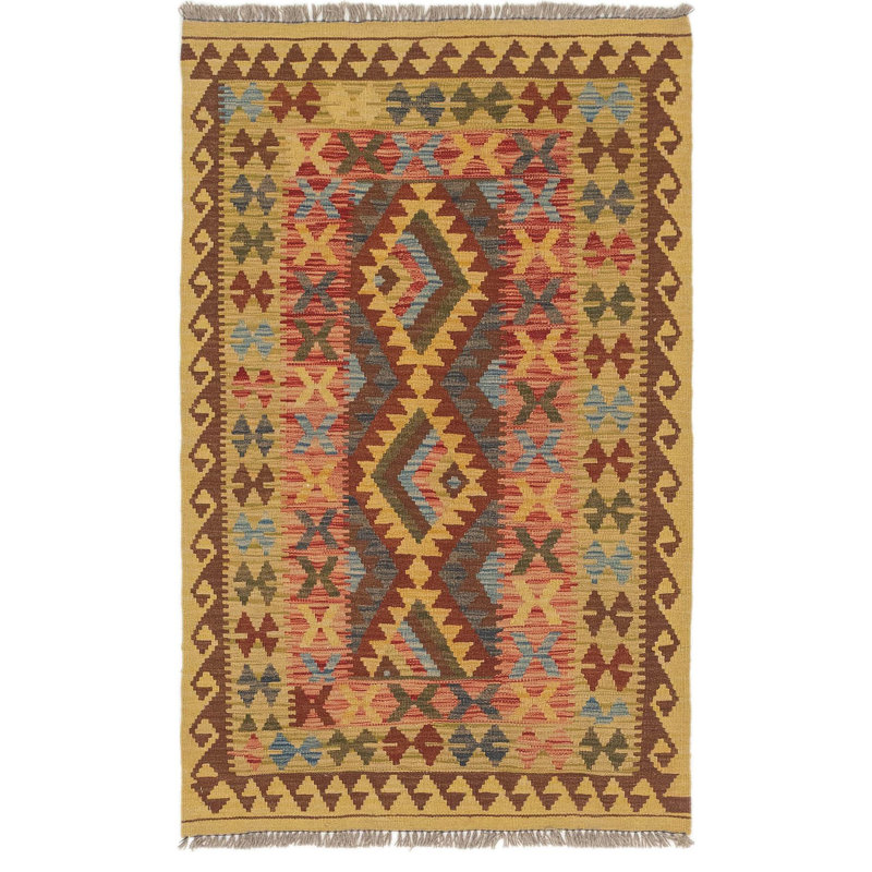 Tapis de zone en laine beige/brun 3 pi 3 po x 5 pi one-of-kind à la main noué la Lorain