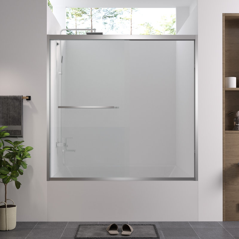 Porte de douche coulissante double avec finition, 56 - 60 "x 58", verre trempé de 1/4 "de 6 mm, cadre en aluminium, coffre de baignoire sécuritaire et tendance pour la salle de bain avec quincaillerie, protection de boîte en nid d'abeille