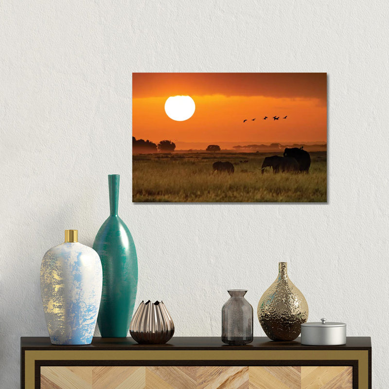 African Elephants Walking At Golden Sunrise II by Susan Richey - Gallery-Wrapped Canvas Giclée on Canvas, Canvas