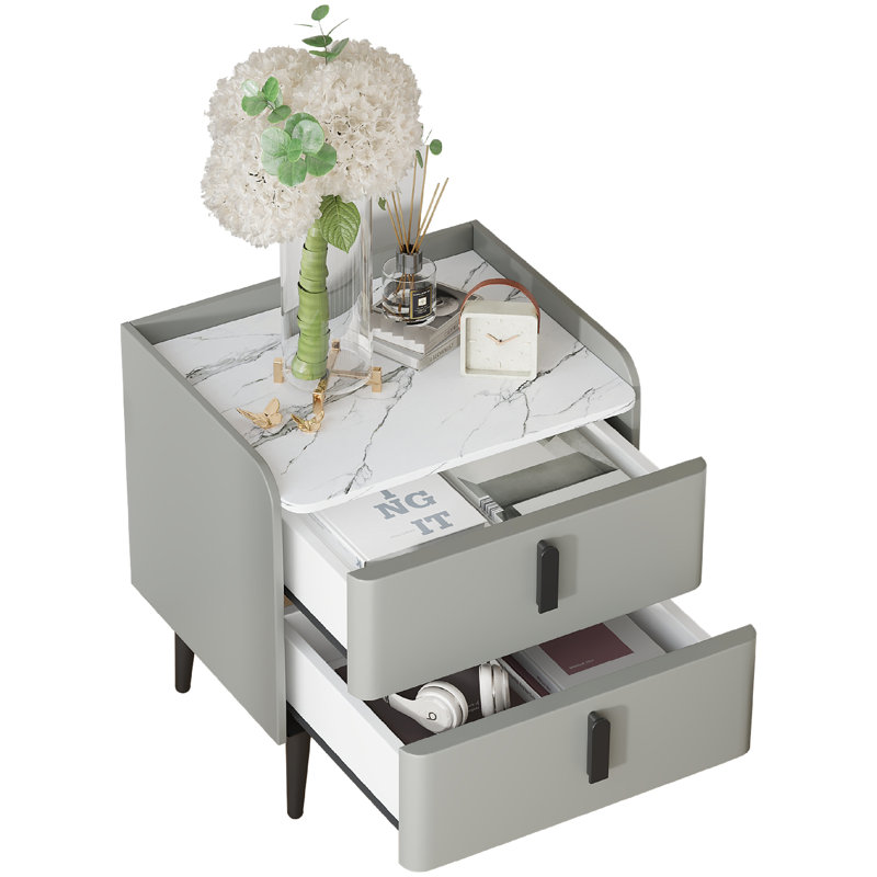 Table de chevet grise avec plateau en marbre et 2 tiroirs de rangement spacieux, table de bout à côté pour l'organisation de la chambre à coucher