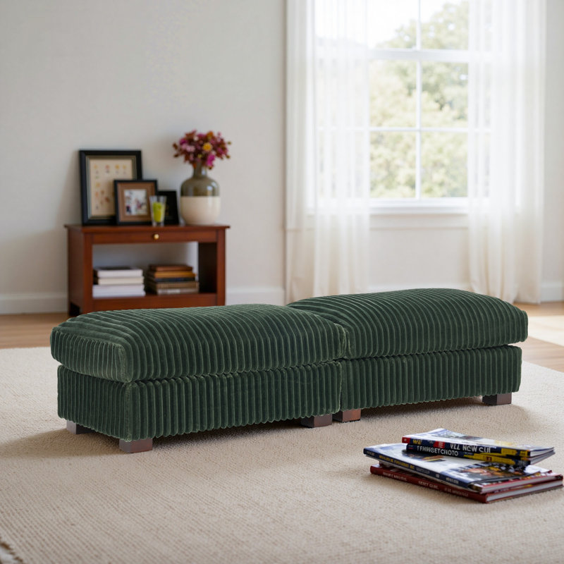 Upholstered Green Faux Rabbit Fur Flannel Rectangle Ottoman, Green