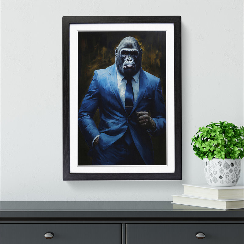 Gorilla in a Suit Painting - Framed Print, 34cm H x 25cm W, Black Framed