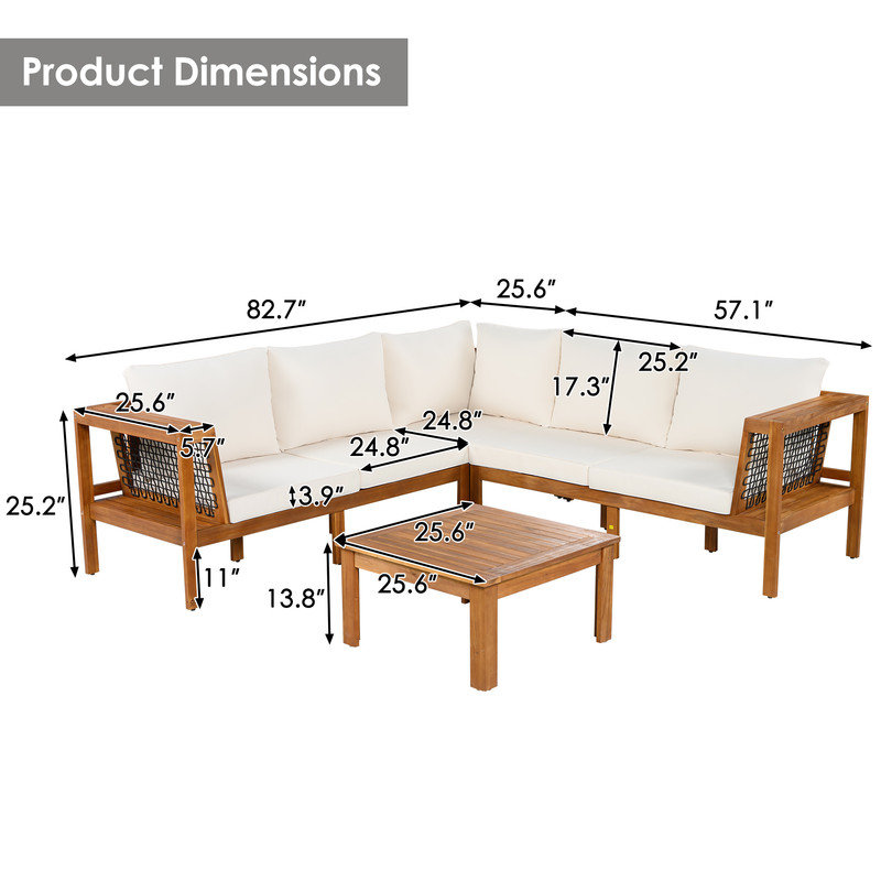 4-Piece L-Shaped Acacia Wood Patio Furniture Set, Outdoor Conversation Sofa with Woven Mesh Armrests, Weather Resistant Seating Ensemble with Coffee Table, Beige Soft Cushions & Side Table, Teak Tone Finish for Backyard Garden Deck