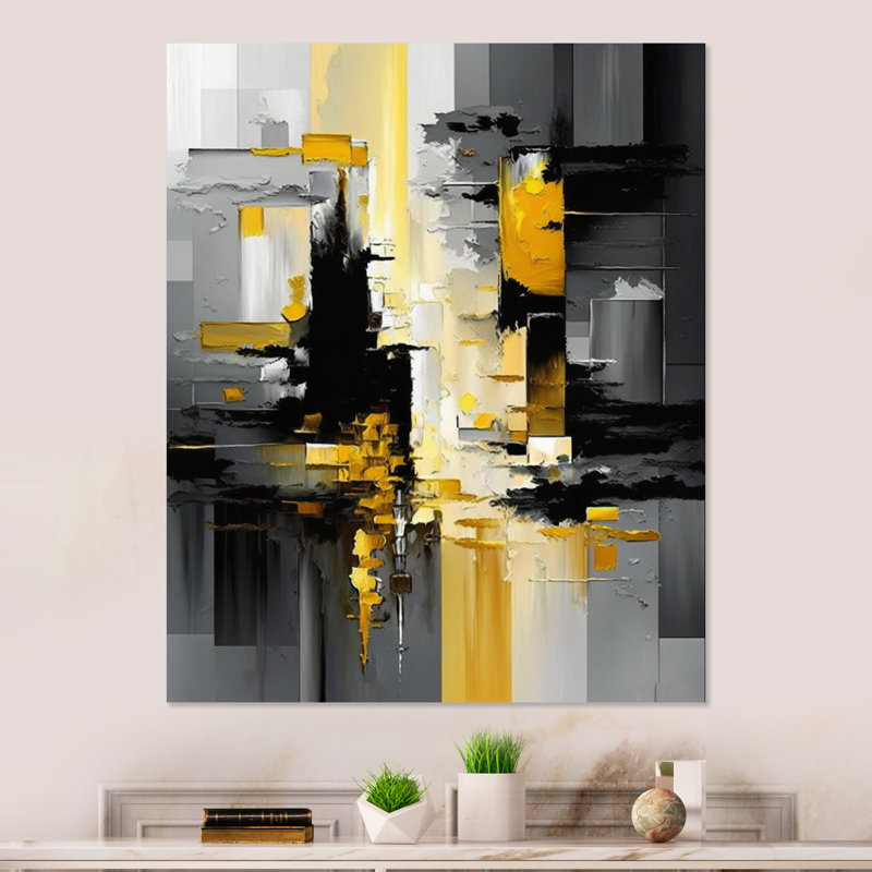 Décoration murale abstraite géométrique noire en V et animaux jaunes, H 40 po x l 30 po