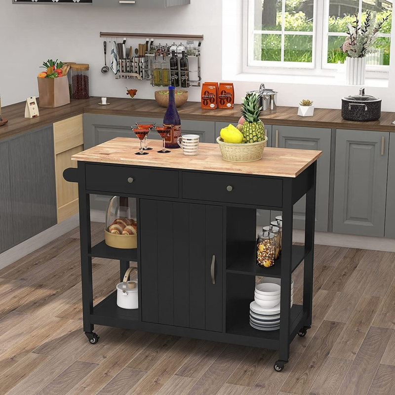 Chariot pour îlot de cuisine avec plateau en bois d'hévéa, roues verrouillables et solutions de rangement polyvalentes