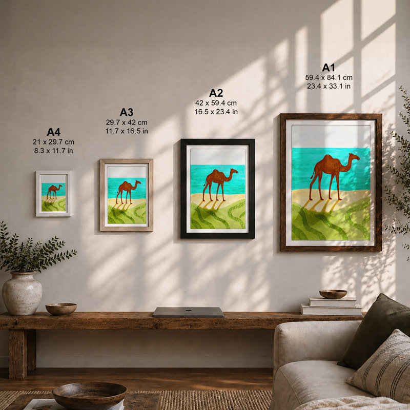 Desert Camel Retro - Print, A3 - 42.0 x 29.7 cm, Walnut