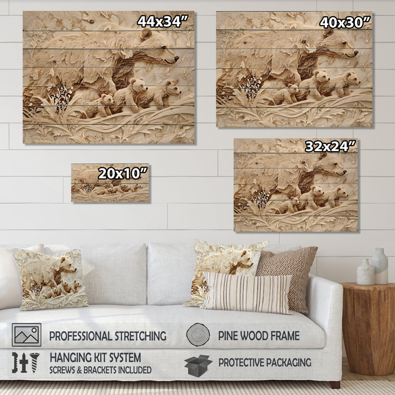 Mère ours et petits II - Art mural moderne sur bois de pin naturel, H 10 po x l 20 po