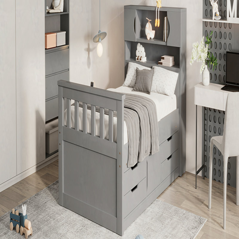 Structure de lit plateforme simple avec bibliothèques de rangement et tablettes, quatre tiroirs, gris
