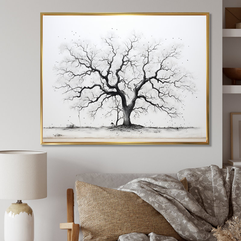 Baobab gris minimalisme sur toile, Cadre flottant doré, H 34 po x l 44 po x P 1,5 po
