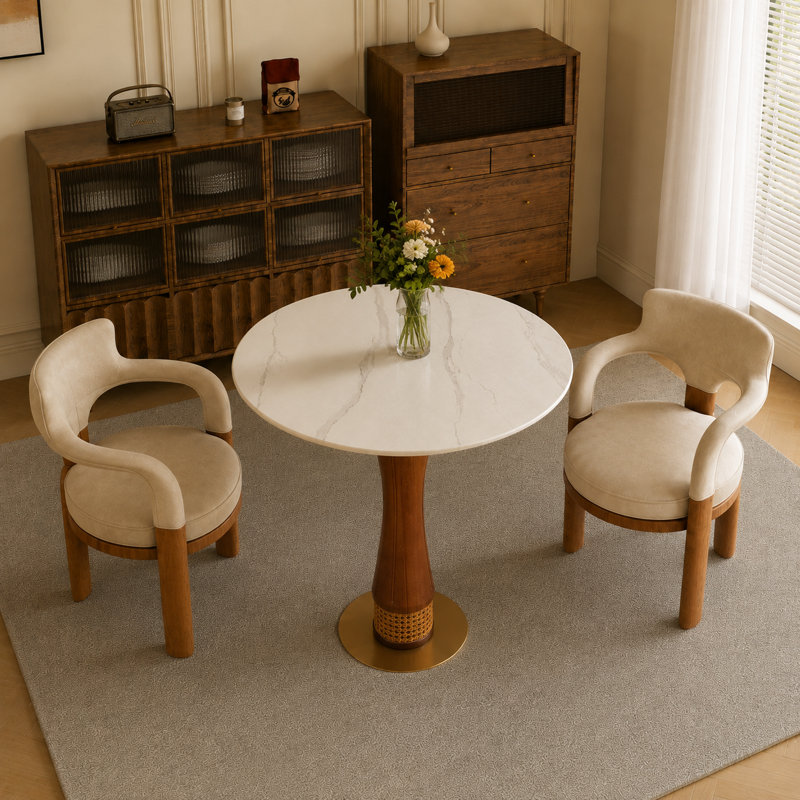 Sculpted Wood Pedestal Dining Table with Woven Wicker Detail & Round Stone Surface, White/Gray