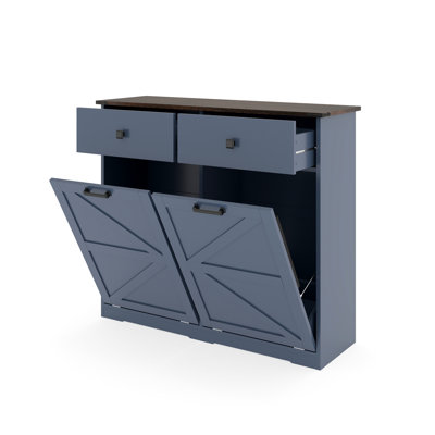 Blue Tilt Out Trash Cabinet For 2X10 Gallon Bins, Space - Saving And Stable Utility Room, Barn Door Style With Elegant Finish Waterproof Tabletop , Smooth Hinges Storage Drawers