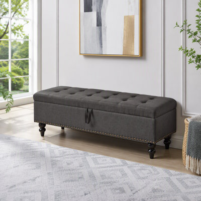 Button-Tufted Storage Ottoman Bench with Solid Wood Legs