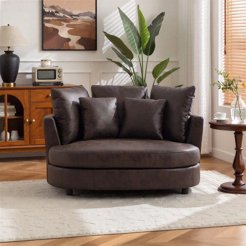 55" W Upholstered Accent Barrel Chair, Brown Faux Leather