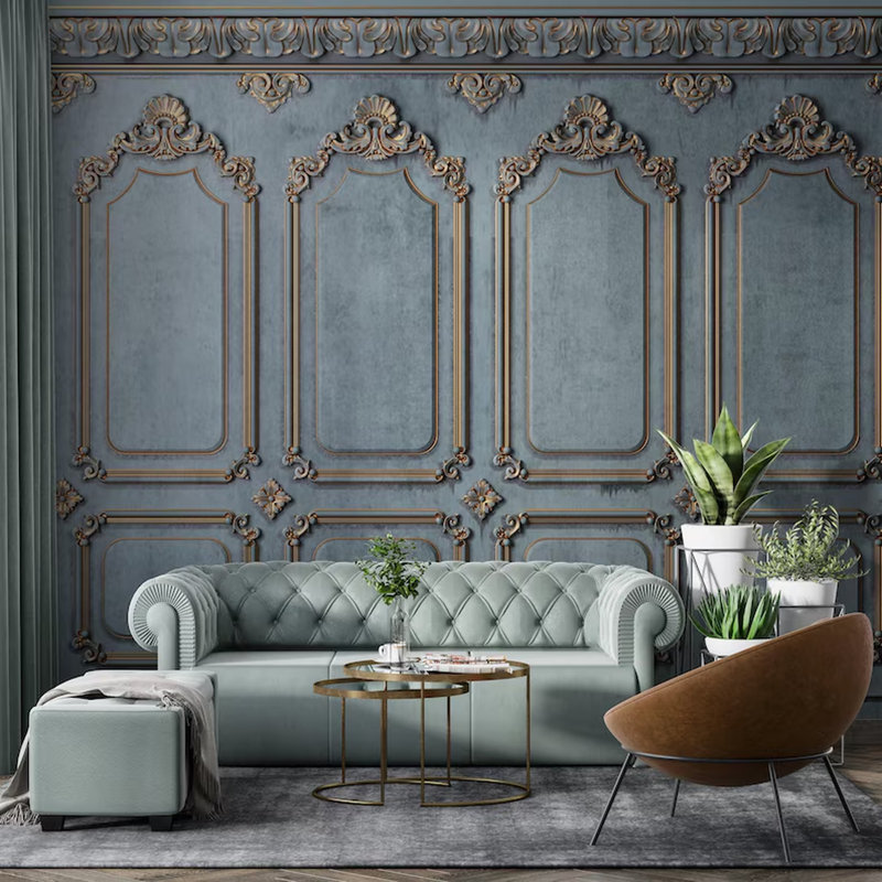 Antique Blue Gold Baroque Wall Panel Mural, 108" L x 96" W