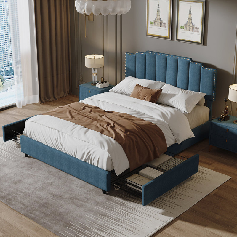 Upholstered Wingback Bed, Blue