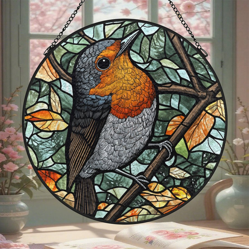 Robinetterie vitrail pour fenêtre Robin Bird, 9,8 x 9,8 po (25 x 25 cm)