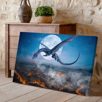 Canvas A Majestic Dragon With Shimmering Scales In Shades Of Blue Wall Art And Silver Soars Gracefully Against A Backdrop Of A Canvas Wall Art