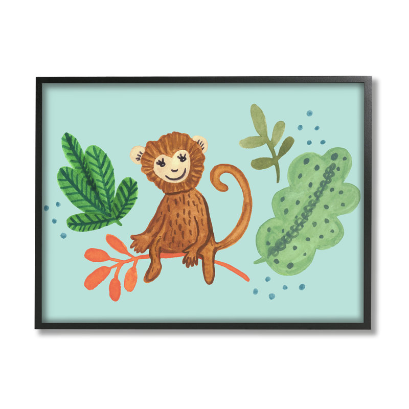 Mignon singe assis sur des feuilles de plantes par Heather Strianese - Peinture, H 11 po x l 14 po