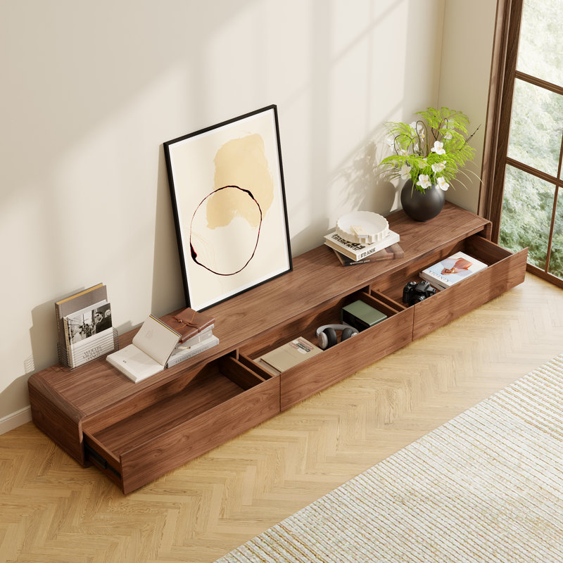 Modern Walnut TV Stand With 3 Drawers For Stylish Living Room Storage, 10.2" H x 94.5" W x 14.6" D