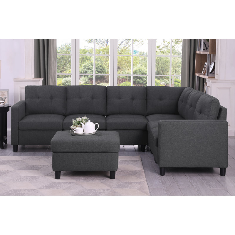 Kentrell 7 - Piece Upholstered Sectional With Ottoman, Dark Gray Linen Blend