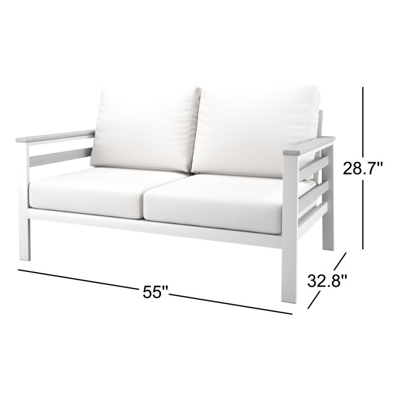 Causeuse d'extérieur en métal avec coussin Sunbrella Townsend, Light Grey, Toile blanche