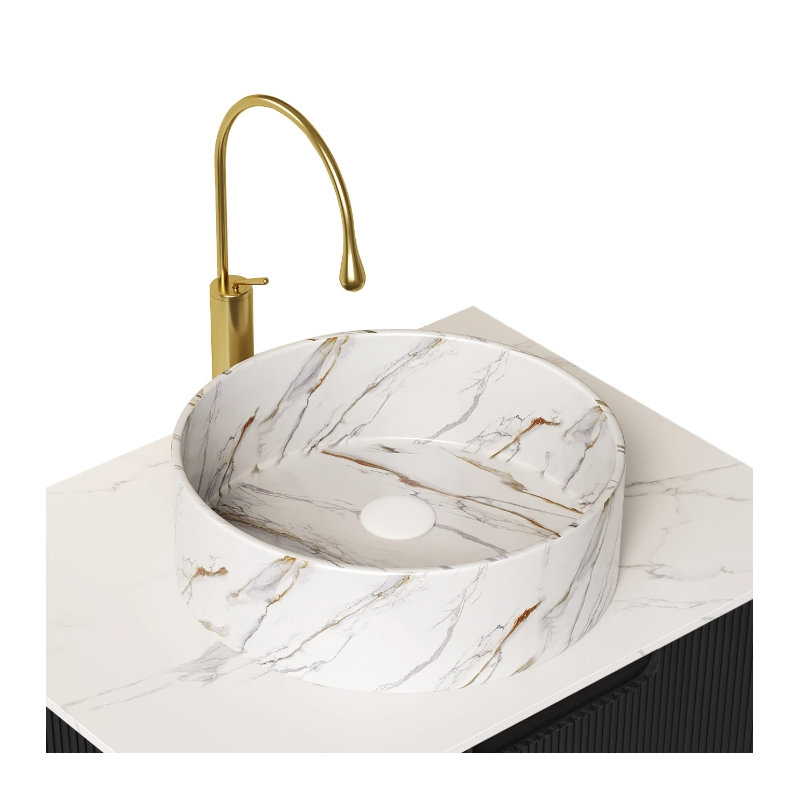 14" Bathroom Sink, Round Vessel Ceramic Sink With Stone Pattern Without Faucet, No Cabinet, White