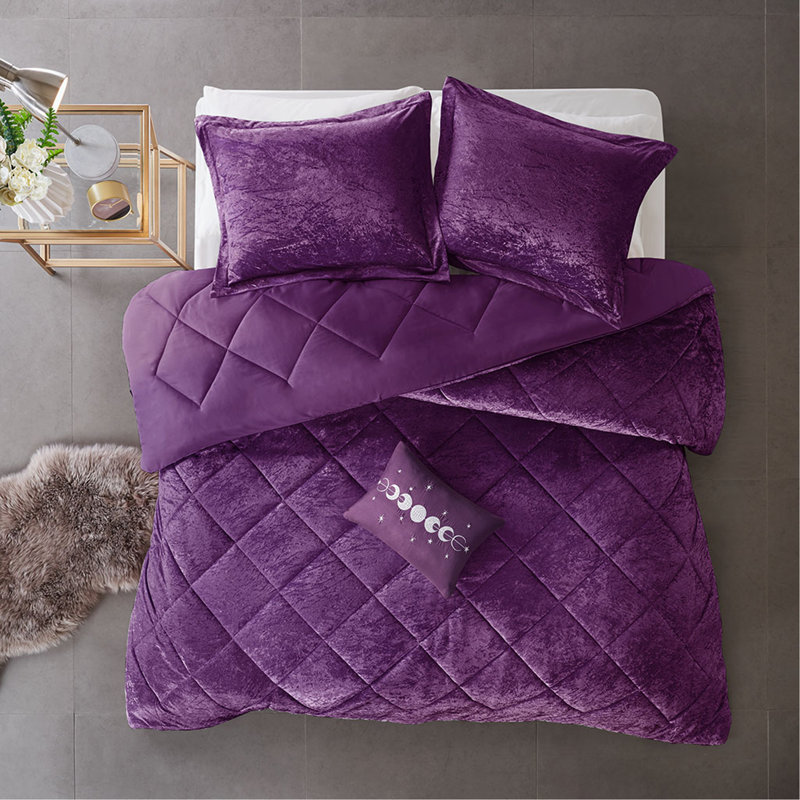Ensemble d'édredon en velours double / grand avec coussin décoratif, Édredon grand / double + 3 pièces supplémentair, Mauve