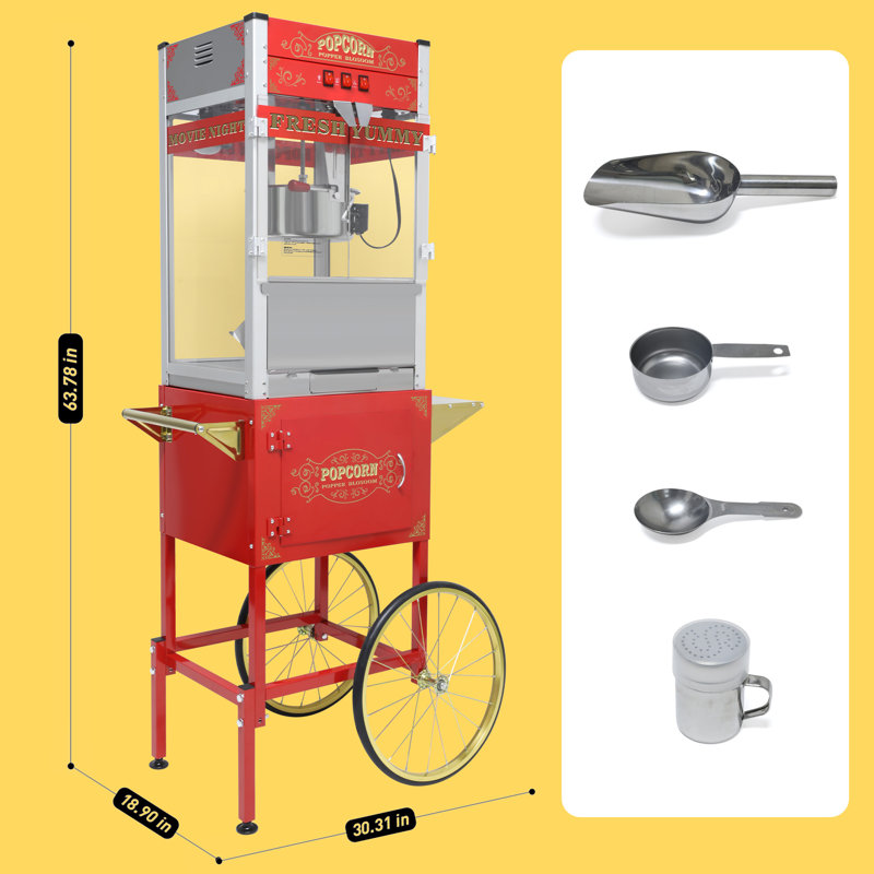 Chariot à maïs soufflé de 20 onces avec roues et bouilloire en acier inoxydable, machine à maïs soufflé de style cinéma pour la fête