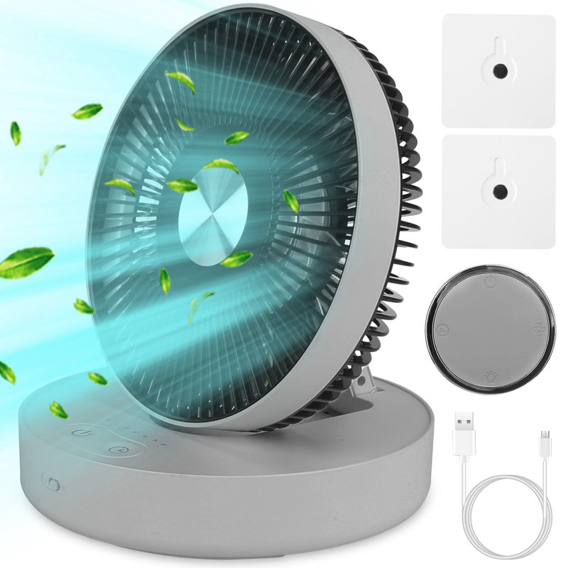 Foldable Rechargeable LED Desk Wall Mounted Fan with Magnetic Remote Hanging Oscillating, Grey