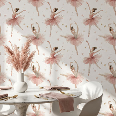 Papier peint fond blanc danseuse rose