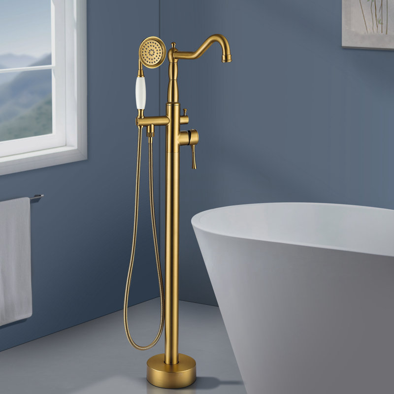 Topcraft Single Handle Floor Mounted Freestanding Tub Faucet with Handheld Shower, Brushed Brass