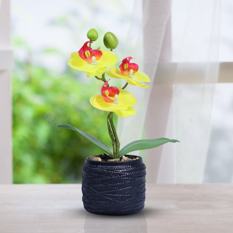 Petite plante artificielle orchidée rose d'intérieur, 9 pouces, 3 cm, Jaune, Noir