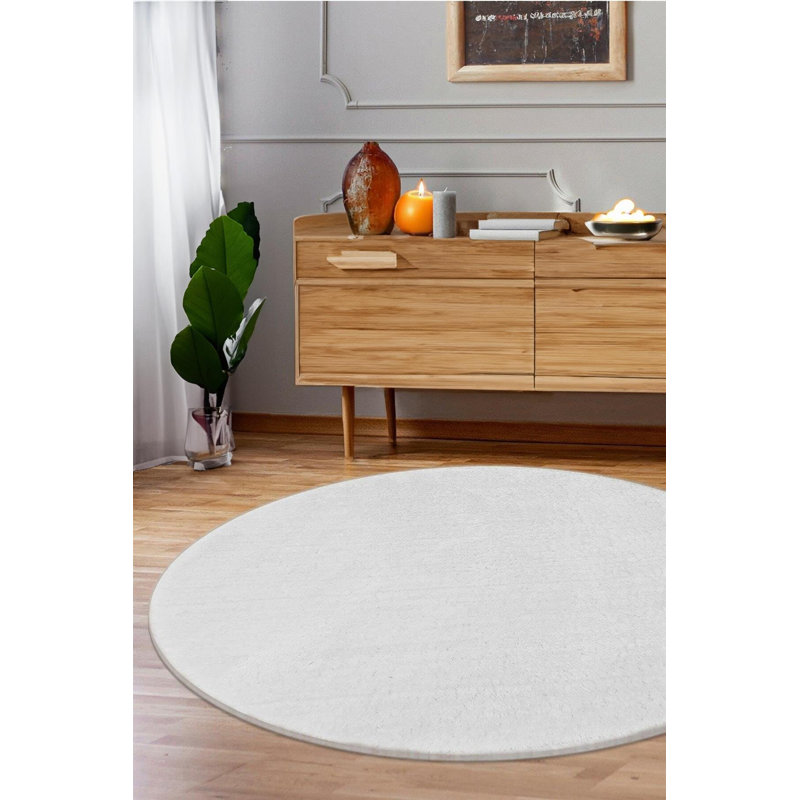 Tapis d'intérieur / extérieur rond en coton / polyester tissé à la machine de couleur unie blanche, Rond 6 pi 6 po