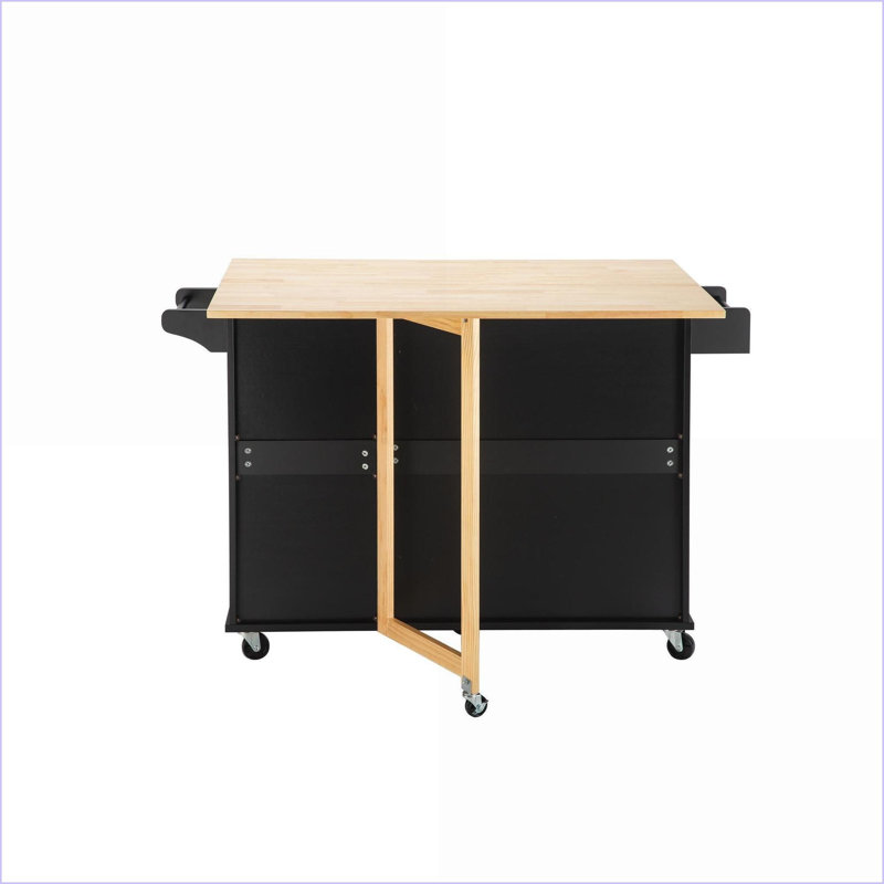 Chariot pour îlot de cuisine avec plateau en bois d'hévéa, 3 tiroirs, supports à épices / serviettes, roulettes verrouillables | Hêtre noir | Noir | Panneau de fibres à densité moyenne