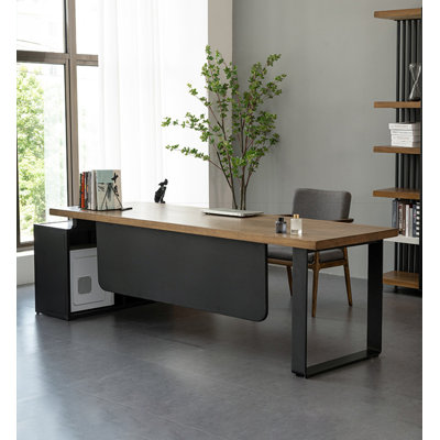 Modern L Shaped Executive Desk with Metal Frame and Storage Cabinet
