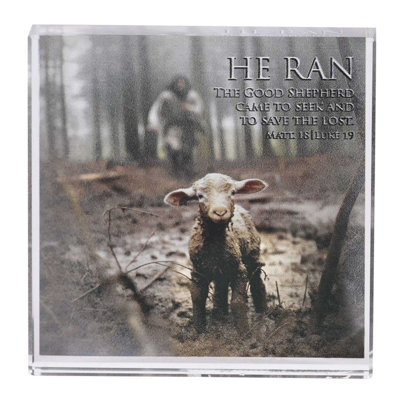 Tabletop Glass Plaque Lamb He Ran 3x3