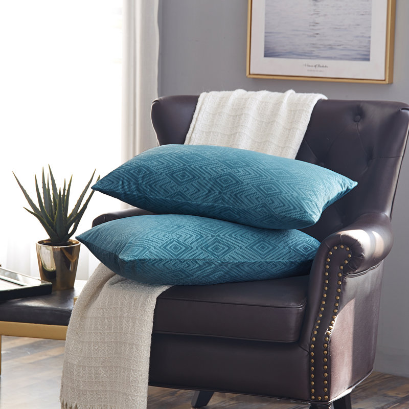 Storm Blue Velvet Ikat Rectangular Pillow Covers, 14" x 26"