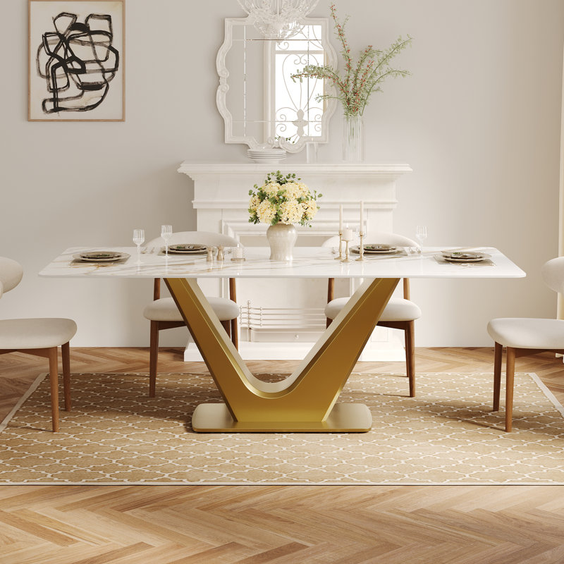 Faux Marble 71'' L Modern Rectangular Dining Table with Base, Gold