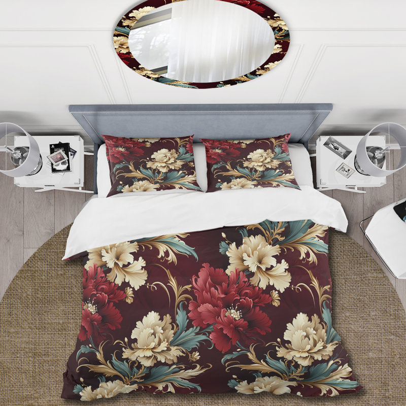 Renaissance Revival Victorian Pattern I Floral Duvet Cover, Queen Duvet Cover + 2 Standard Shams