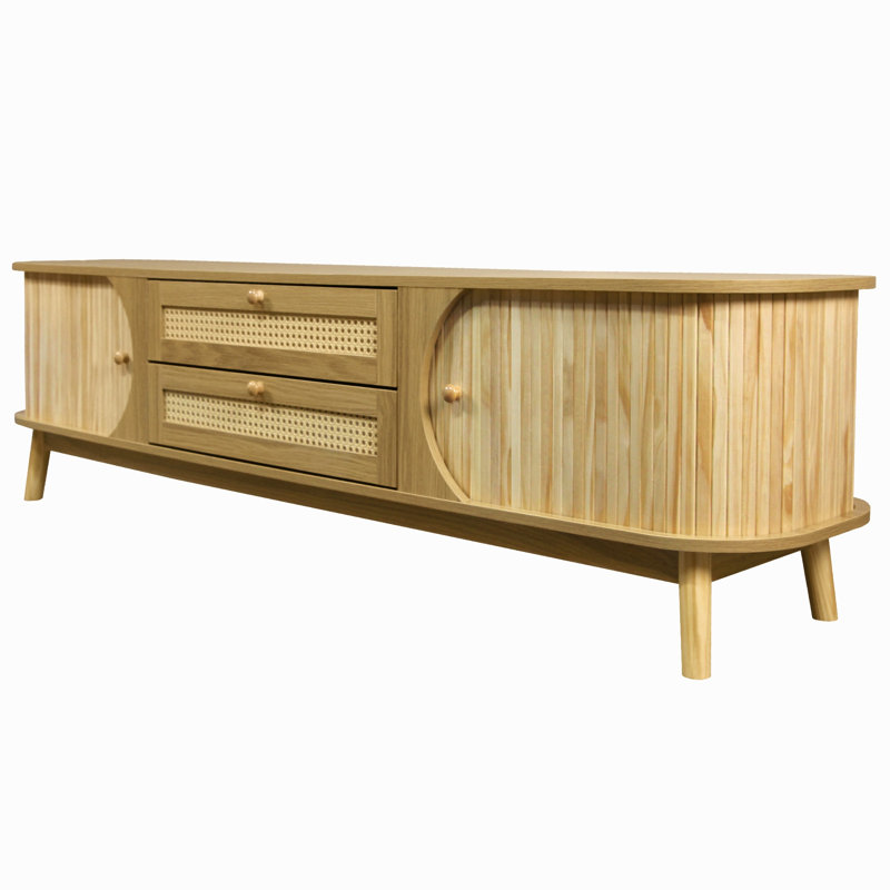 Meuble télé en rotin pour téléviseur de 75 po ou moins, console multimédia de style campagne moderne avec pieds en bois massif et rangement spacieux, meuble télé