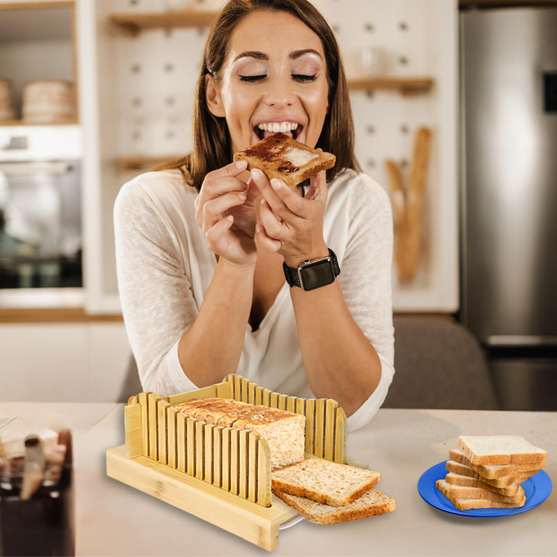 Bamboo Bread Slicer For Homemade Bread With Serrated Knife & Crumb Tray - Foldable Compact Bread Cutting Guide, Adjustable Bread Slicer, Bamboo Bread Cutter For Homemade Bread, Cakes, Bagels