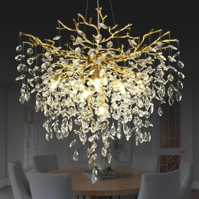 Lustre à branches à intensité variable en cristal K9, Doré, H 31,5 po x l 31,5 po x P 31,5 po