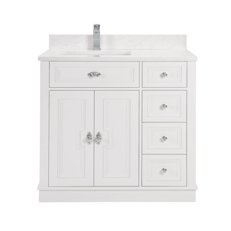 36" Solid Wood Sink Vanity  With 1' Artificial Stone Top, White, Polished Chrome