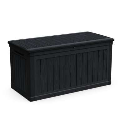 230 Gallon Double - Xxl Deck Box, Black Waterproof Resin, Lockable, Ideal For Patio Furniture And Pool Supplies Storage, Multipurpose As Bench Or Table, All Weather Resistance, 32 In Width, 34 Height