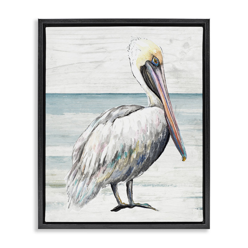 Rustic Pelican on Shoreline, 31" H x 25" W, Jet Black Floater Frame