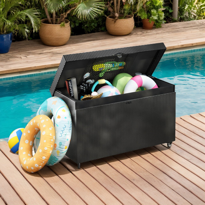 200 Gallon Wicker Deck Box With Wheels, All-Weather Outdoor Storage For Patio, Pool, And Garden Tools, Black