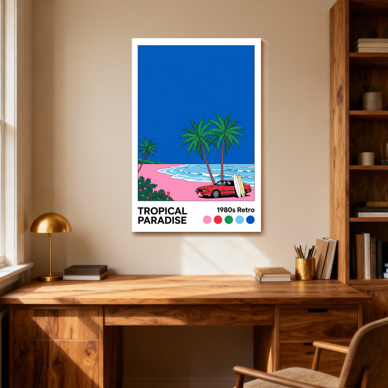 Paysage et nature, paradis tropical, voiture de plage, palmiers, palette de couleurs de style rétro, H 40 po x l 28 po