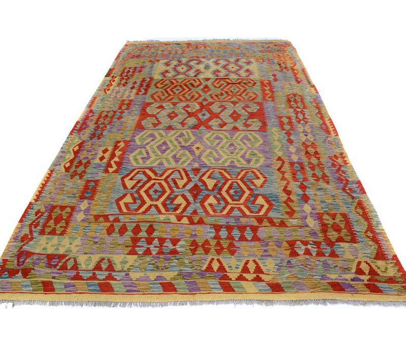 Tapis en laine tissé à la main or / rouge à motif géométrique Jorge